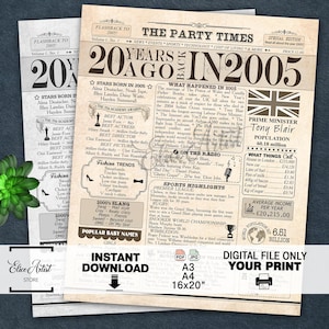 2005 UK, British 20th birthday newspaper sign, The United Kingdom in 2005 birthday poster, 20 years ago back in 2005 print, INSTANT DOWNLOAD