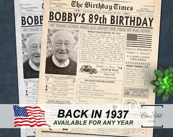 1937 birthday poster, 89th birthday gift for men or women, 89th Birthday Newspaper Poster Sign, back in 1937, 89th birthday ideas, ANY AGE