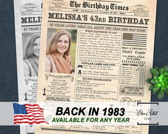 43rd Birthday gift for husband or wife, Printable birthday party decor, 1983 Poster, Old newspaper design, Back in 1983, 1983 Newspaper