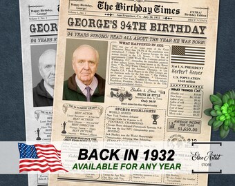 Back in 1932 Birthday Printable, Grandpa Gift, 94th Birthday Poster, Newspaper Sign, Gift for Grandma, Birthday Decoration, Vintage Table