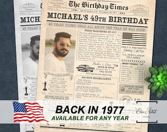 Back in 1977, 49th Birthday Newspaper Poster, 49th birthday gift for him or her, 49th birthday party decor, 49th birthday sign PRINTABLE