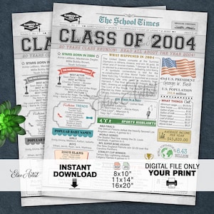 Afiche de periódico de la reunión de la clase de 2004, reunión de la clase número 20, datos de 2004 sobre la reunión de la clase número 20, decoración de la reunión de la escuela secundaria, DESCARGA INSTANTÁNEA