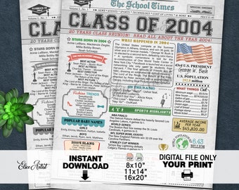 2004 Class Reunion NEWSPAPER Poster, 20th Class Reunion, 2004 Facts for 20th Class Reunion, High School Reunion Decoration, INSTANT DOWNLOAD