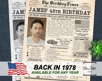 Back in 1978, 48th Birthday Newspaper Poster, 48th birthday gift for him or her, 48th birthday party decor, 48th birthday sign PRINTABLE