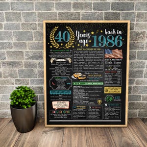 40th birthday, What happened in 1986, Personalized 40th Birthday Poster, 1986 Events, 1986 Year in Review, 40th Birthday Party Gold, Digital image 2