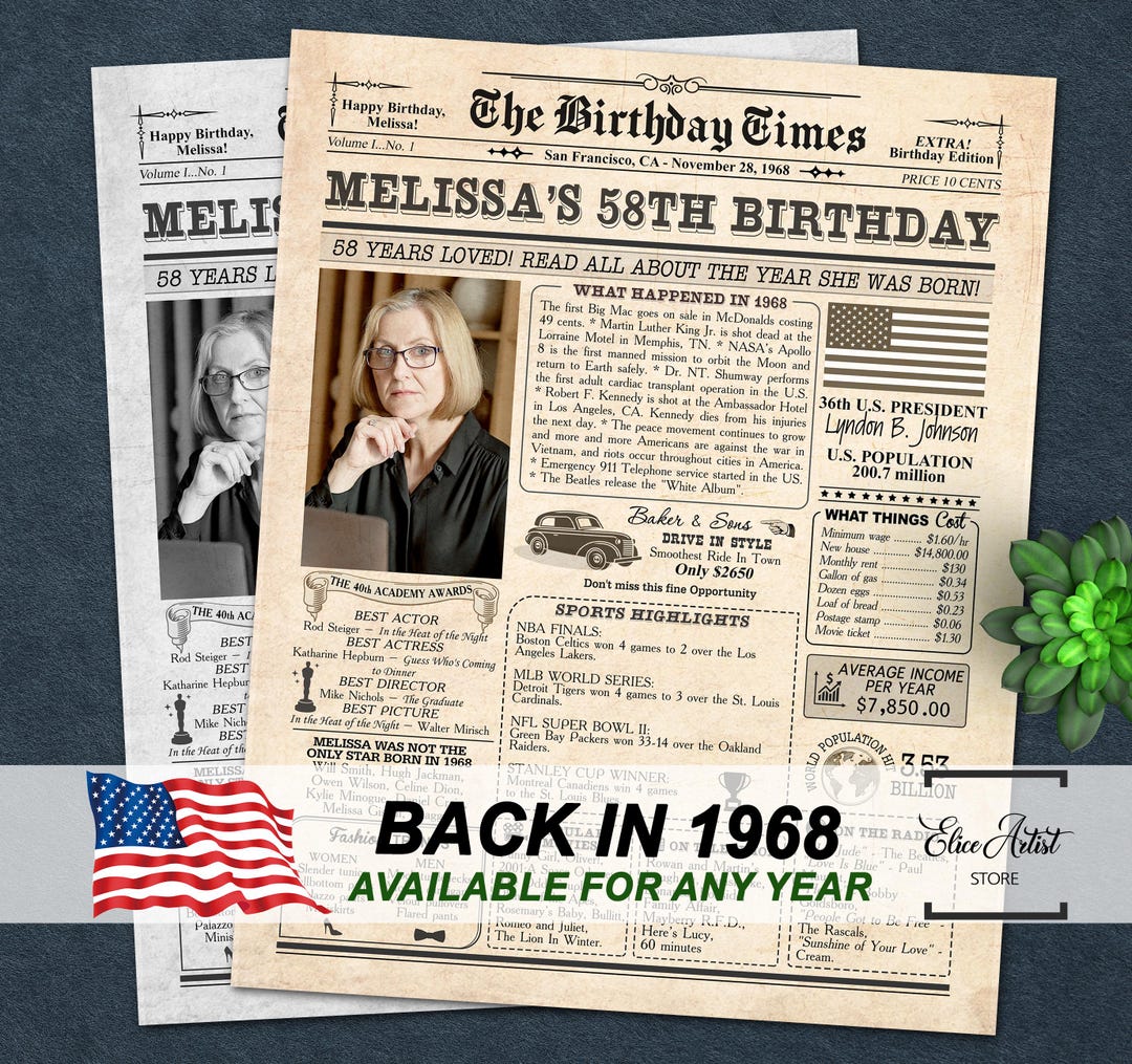 Personalized 1968 Newspaper Poster, Custom Year Printable, Birthday ...