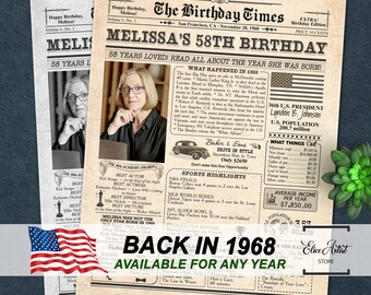 Personalized 1968 Newspaper Poster, Custom Year Printable, Birthday Gift, Back in 1968 Print