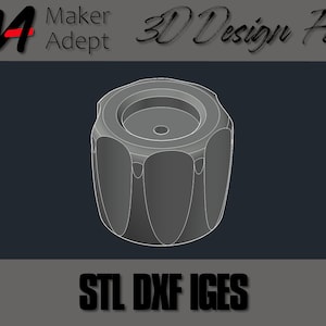 May include: A 3D model of a gray, round knob with a textured surface. The knob has a circular hole in the center. The image includes the text "STL DXF IGES".