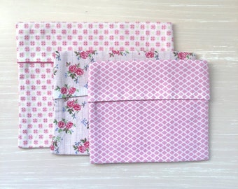 Set of 3 small fabric bags in pink, cotton snack pouches, multipurpose