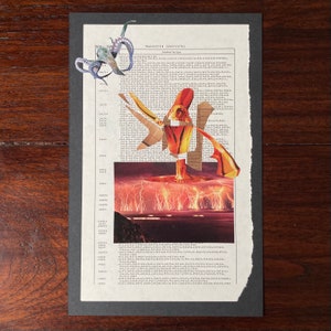 May include: A collage featuring a red and orange abstract figure with lightning bolts in the background. The figure is made of paper and is partially obscured by a piece of paper with text. The text is from a page of a book about transistor substitutes. A blue octopus is in the upper left corner of the image.