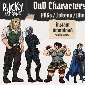 Puede incluir: Paquete de arte digital con cinco personajes de fantasía. Los personajes incluyen un hombre barbudo con chaleco verde, una mujer con cabello blanco con armadura oscura, una mujer musculosa flexionando, un caballero con capa azul y una mujer con un vestido largo. El texto dice "DnD Characters Pack".