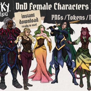 Puede incluir: Ilustración digital de cinco personajes femeninos de fantasía. Los personajes están en varias poses y atuendos, incluyendo armaduras, vestidos y empuñando una espada. El texto de la imagen dice "D&D Female Characters Pack" y "¡descarga instantánea lista para usar!"
