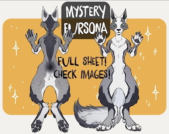 Może przedstawiać: Cyfrowa ilustracja szarej i białej wilkopodobnej fursony. Fursona jest pokazana z przodu i z tyłu, z uniesionymi łapami w geście powitania. Tekst "MYSTERY FURSONA" jest napisany w czarnym polu nad fursoną. Tekst "FULL SHEET! CHECK IMAGES!" jest napisany pod fursoną.