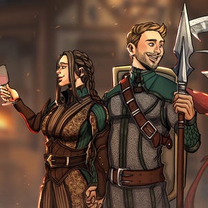 May include: Digital illustration of four fantasy characters in a tavern setting. Two characters are toasting with wine glasses. One character holds a spear, and another carries a large axe. The characters are dressed in armor and fantasy attire.