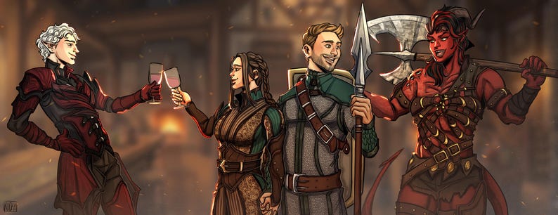 May include: Digital illustration of four fantasy characters in a tavern setting. Two characters are toasting with wine glasses. One character holds a spear, and another carries a large axe. The characters are dressed in armor and fantasy attire.