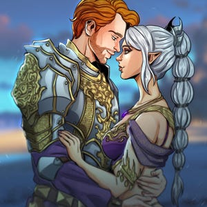 May include: Digital art of a couple embracing, set against a blue sky with clouds. The man wears ornate silver and gold armor. The woman has long silver hair and a purple dress. The artwork has a fantasy theme.