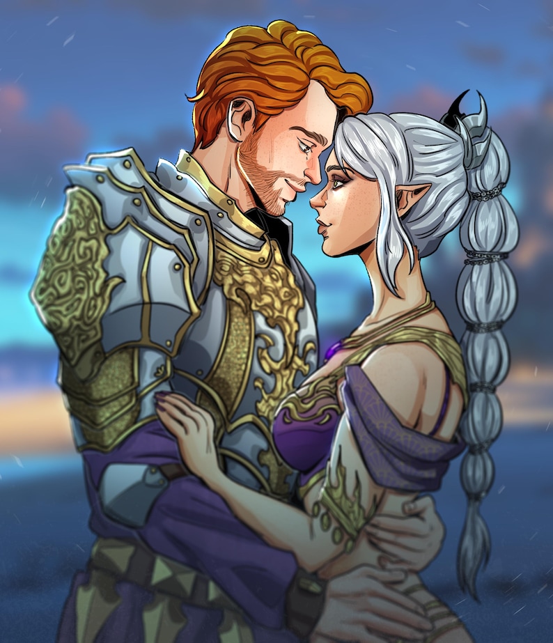 May include: Digital art of a couple embracing, set against a blue sky with clouds. The man wears ornate silver and gold armor. The woman has long silver hair and a purple dress. The artwork has a fantasy theme.