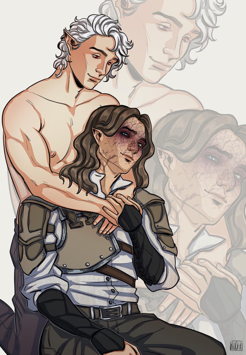 May include: Digital illustration of two elven figures embracing. One figure has silver hair and is shirtless, while the other has brown hair and wears armor and a white shirt. A faded image of the silver-haired figure is in the background.