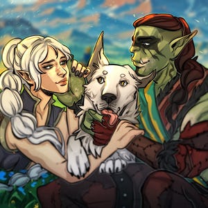 May include: Digital illustration of three fantasy characters and a white dog. A blonde woman and a green-skinned orc are embracing the dog, which has its tongue out. The background shows a green field and mountains.