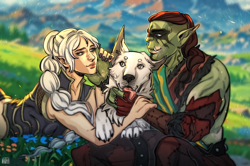 May include: Digital illustration of three fantasy characters and a white dog. A blonde woman and a green-skinned orc are embracing the dog, which has its tongue out. The background shows a green field and mountains.