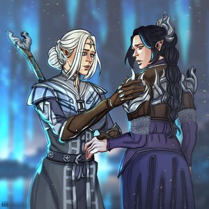 May include: Digital illustration of two fantasy characters in armor. One character has white hair and a silver and blue outfit, holding a staff. The other has black hair and a purple and brown outfit, with a hand on their shoulder. The background is a blurred blue.