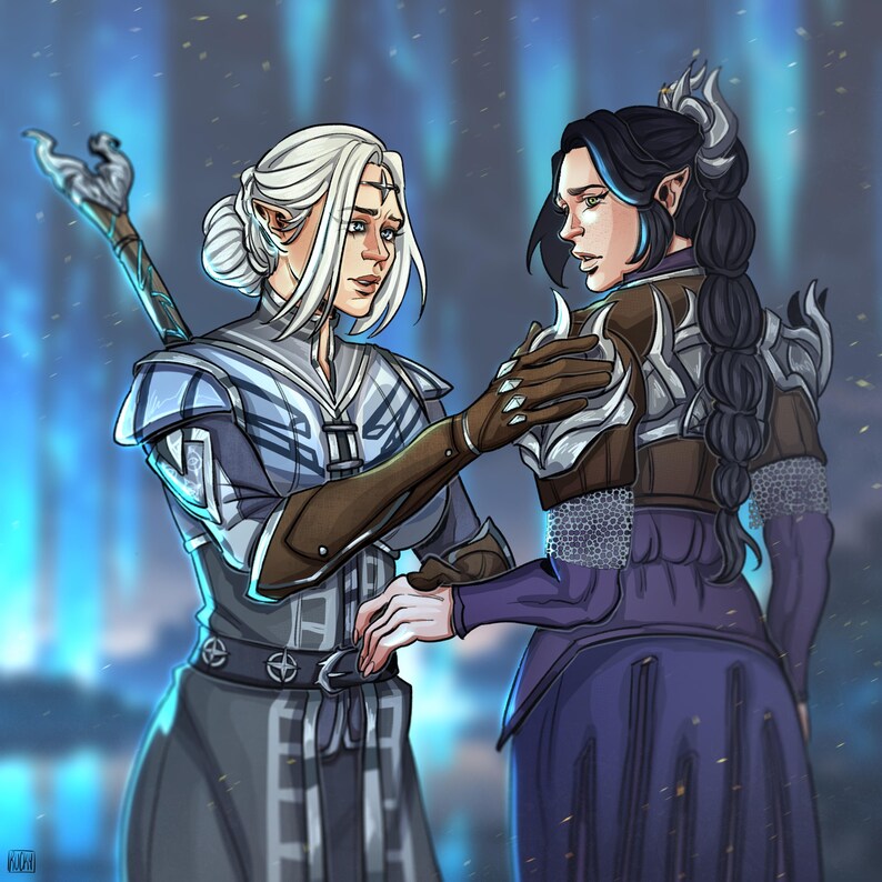 May include: Digital illustration of two fantasy characters in armor. One character has white hair and a silver and blue outfit, holding a staff. The other has black hair and a purple and brown outfit, with a hand on their shoulder. The background is a blurred blue.