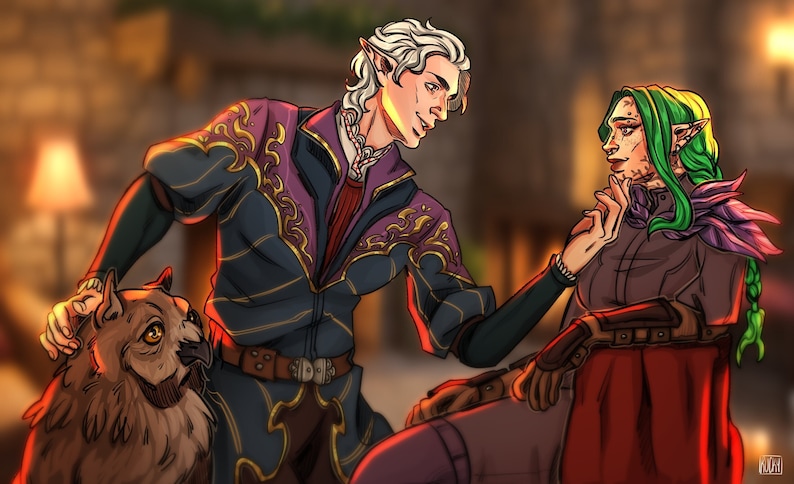 May include: Digital illustration of two fantasy characters, one with white hair and the other with green hair, in ornate clothing. A dog with brown fur is also present. The artwork has a warm color palette and a soft focus background.