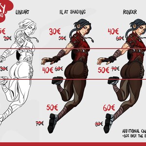 May include: An illustration showcasing three different art styles: lineart, flat shading, and render. Each style depicts a female character in a dynamic pose, with varying levels of detail and color. The image includes text indicating pricing and additional character costs.
