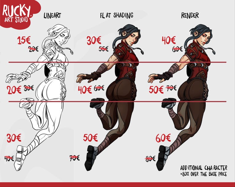 May include: An illustration showcasing three different art styles: lineart, flat shading, and render. Each style depicts a female character in a dynamic pose, with varying levels of detail and color. The image includes text indicating pricing and additional character costs.