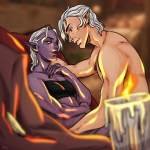 May include: Digital illustration of two figures with pale skin and pointed ears. One figure, with purple skin, is reclining, wearing a black bandeau top. The other figure, with fair skin, leans over them. A lit candle is in the foreground.