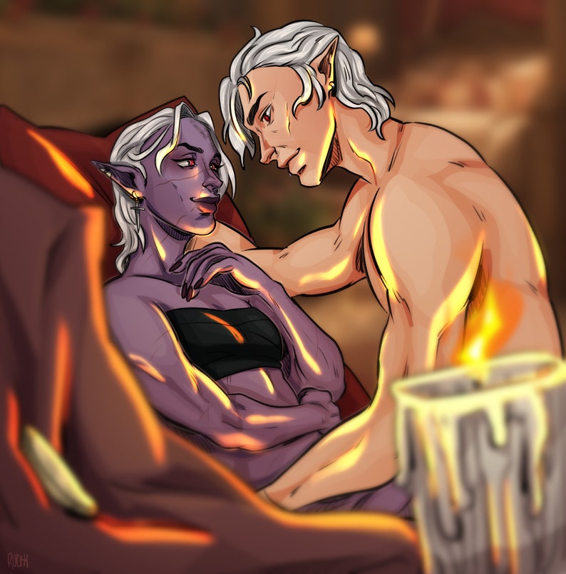 May include: Digital illustration of two figures with pale skin and pointed ears. One figure, with purple skin, is reclining, wearing a black bandeau top. The other figure, with fair skin, leans over them. A lit candle is in the foreground.