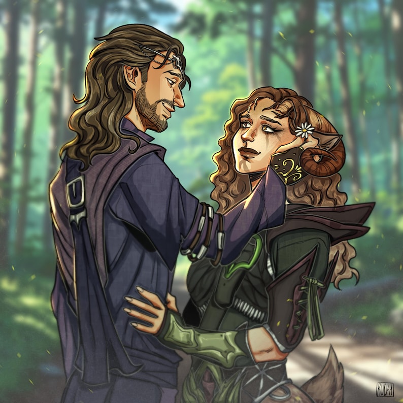 May include: Digital illustration of a man and a woman in a forest setting. The man, with long brown hair and a beard, is wearing a dark purple tunic. The woman, with curly brown hair and horns, is wearing a green and brown outfit. They are embracing.