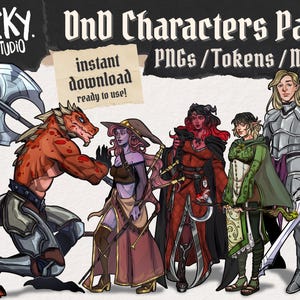 May include: Digital art pack featuring a group of fantasy characters, including a dragon-like humanoid, a witch, and a knight. The image includes the text "DnD Characters Pack" and "instant download ready to use!"
