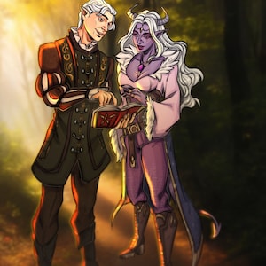 May include: Digital illustration of two fantasy characters in a forest setting. One character, in dark clothing, points at a book with a red and gold emblem. The other, with purple skin and horns, wears a pink and purple outfit. The background is a blurred forest.