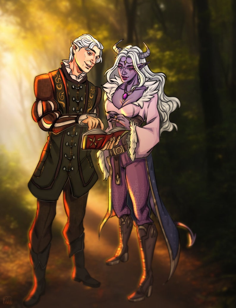 May include: Digital illustration of two fantasy characters in a forest setting. One character, in dark clothing, points at a book with a red and gold emblem. The other, with purple skin and horns, wears a pink and purple outfit. The background is a blurred forest.