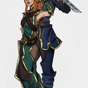 May include: Digital illustration of two fantasy characters. A woman with red hair and a green and brown outfit is embraced by a man with white hair and a blue and purple outfit. The man holds a dagger. Gold accents adorn their clothing.