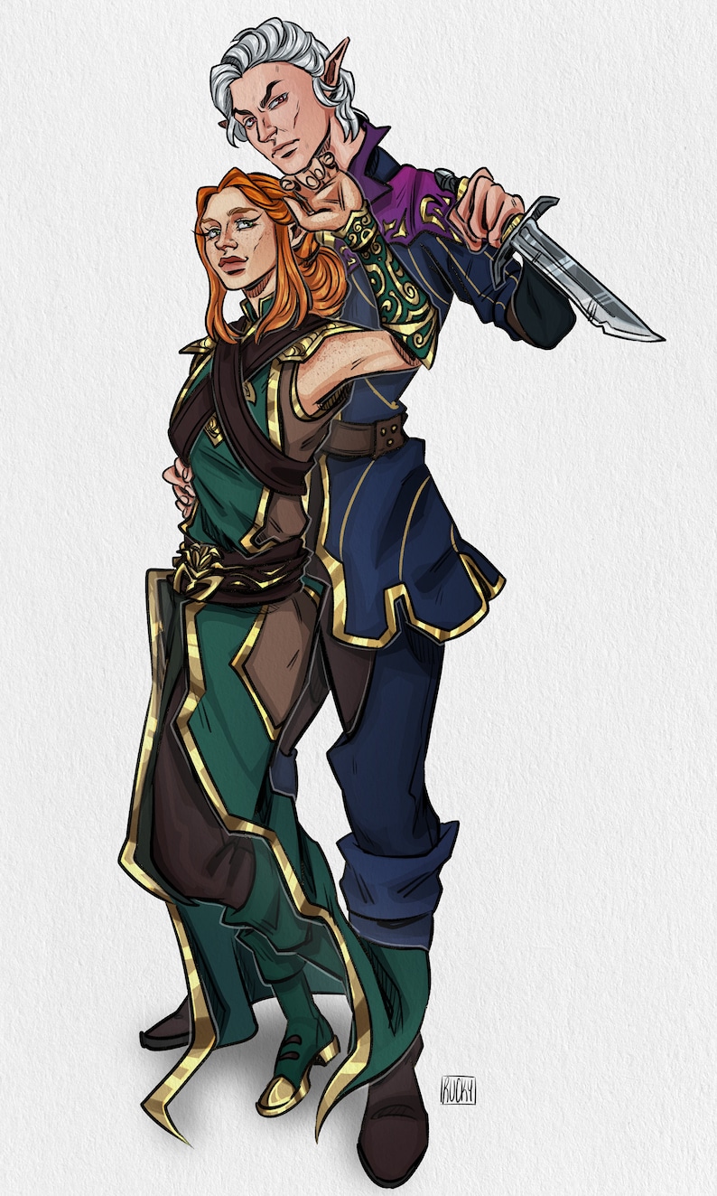 May include: Digital illustration of two fantasy characters. A woman with red hair and a green and brown outfit is embraced by a man with white hair and a blue and purple outfit. The man holds a dagger. Gold accents adorn their clothing.