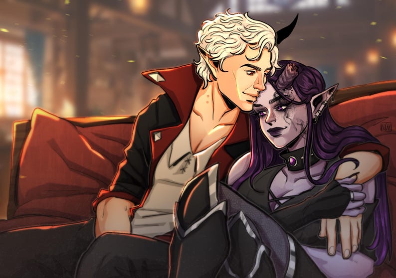 May include: Digital illustration of two fantasy characters embracing. One has pale skin, white hair, and a red and black jacket. The other has purple hair, horns, and dark makeup. They are seated on a red couch.