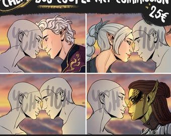 Puede incluir: Una ilustración digital con cuatro paneles de parejas de perfil, frente a frente sobre un fondo de atardecer. El texto dice CHEAP BG3 COUPLE ART COMMISSION 25€ y ANY CHARACTER AVAILABLE. Cada panel muestra una figura sin rasgos faciales.