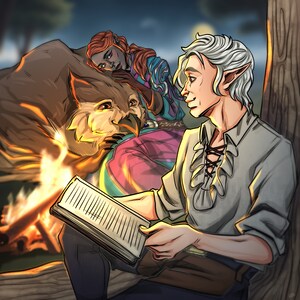 May include: Digital illustration of a fantasy scene at night. A person with white hair reads a book by a campfire. Another person with red hair rests on a large, bird-like creature. The scene is set in a forest with a full moon.