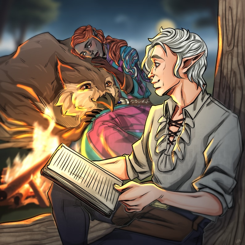 May include: Digital illustration of a fantasy scene at night. A person with white hair reads a book by a campfire. Another person with red hair rests on a large, bird-like creature. The scene is set in a forest with a full moon.