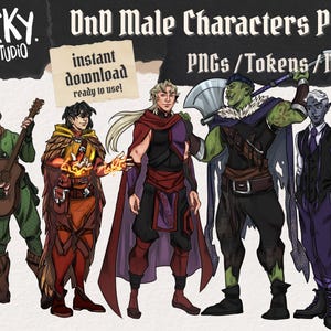 Könnte beinhalten: Digitalillustration eines Dungeons and Dragons-Charakterpakets für Männer. Die Charaktere umfassen einen Barden mit Gitarre, einen Zauberer mit Feuerzauber, einen Krieger mit Umhang, einen Ork mit Axt und einen Drow mit Anzug. Der Text lautet "DND Male Characters Pack" und "sofortiger Download"