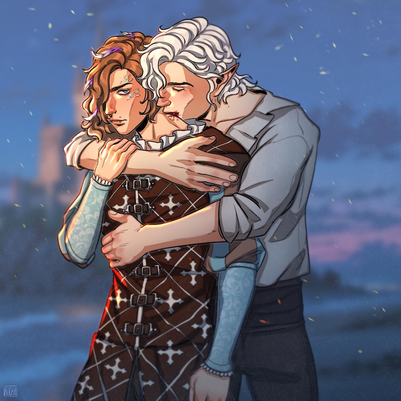 May include: Digital illustration of two figures embracing. One figure, with white hair and pointed ears, is kissing the other's neck. The other figure has curly brown hair and is wearing a brown vest with a cross pattern over a white ruffled shirt.