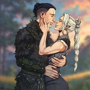 May include: Digital illustration of a couple embracing, with the man in a dark outfit and the woman in a gray and black dress. The man has a scar on his face and the woman has long white hair. The background is a blurred landscape with a sunset.