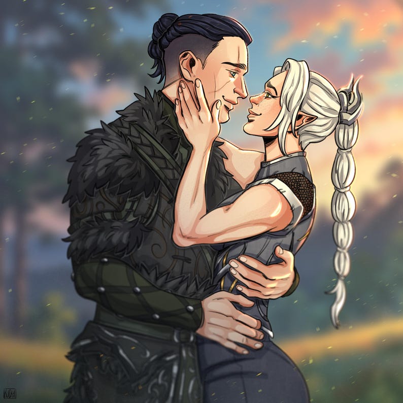May include: Digital illustration of a couple embracing, with the man in a dark outfit and the woman in a gray and black dress. The man has a scar on his face and the woman has long white hair. The background is a blurred landscape with a sunset.