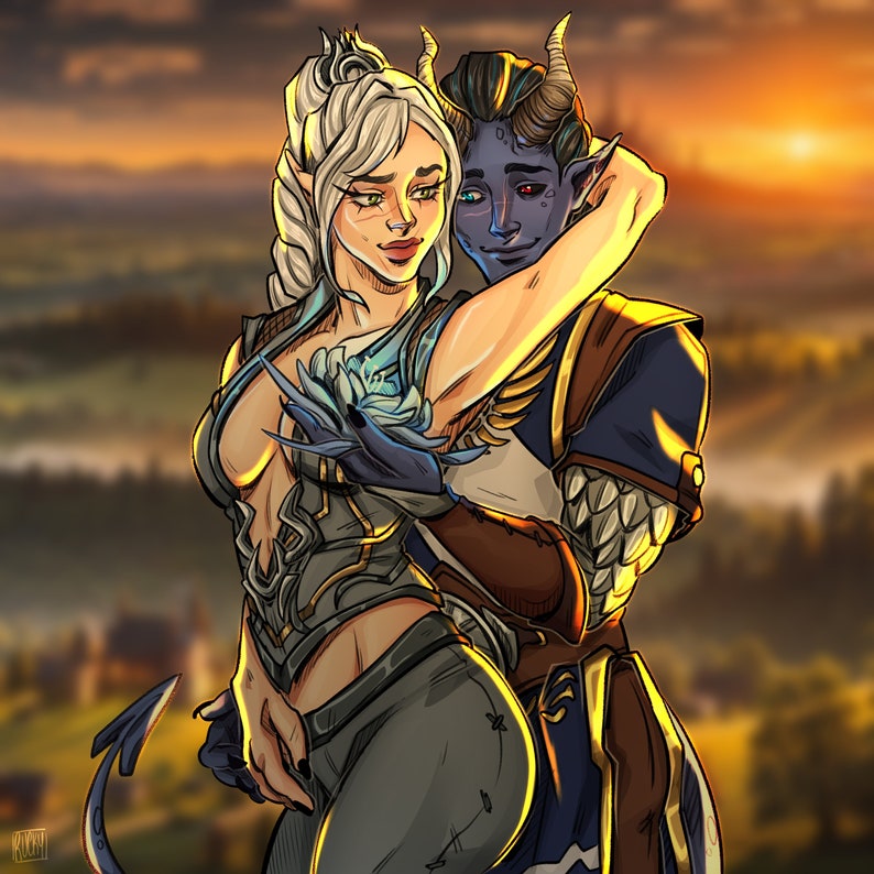 May include: Digital illustration of two fantasy characters embracing. One character has pale skin, silver hair, and wears a silver and blue outfit. The other has blue skin, horns, and a dark blue and brown outfit. The background depicts a sunset over a landscape.