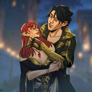 May include: Digital illustration of a couple embracing. The woman has red hair and is wearing a black dress with gold accents. The man is wearing a black jacket with gold trim. The background is blurred with warm tones.