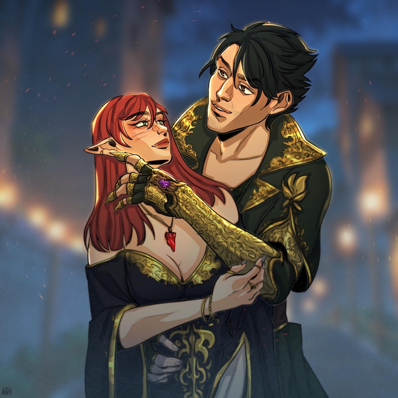 May include: Digital illustration of a couple embracing. The woman has red hair and is wearing a black dress with gold accents. The man is wearing a black jacket with gold trim. The background is blurred with warm tones.