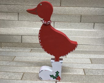 Hand bemalt Ente In Wellies, eine freistehende Holzente in Wellies perfekt für ein Weihnachtsgeschenk für das Haus, Ente Dekor für zu Hause.