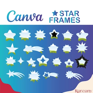以下が含まれることがあります： さまざまなデザインの星型のグラフィック要素のコレクション。流れ星やバースト形状が含まれています。画像には、筆記体の「Canva」と太字のサンセリフ体で「STAR FRAMES」という文字が、グラデーションの青い背景に表示されています。